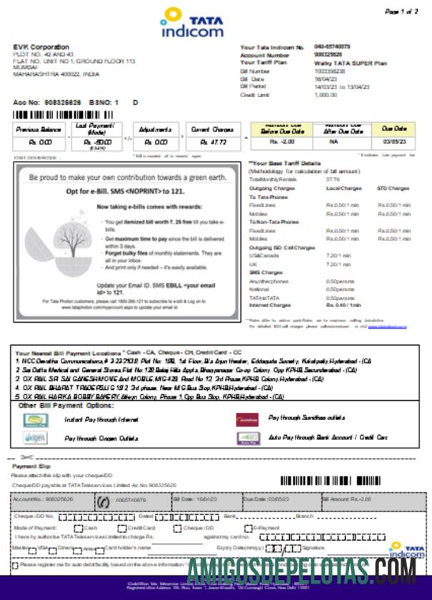 Projeto de lei comercial de serviços públicos móveis da Tata Indicom, página 1, SCR exemplo